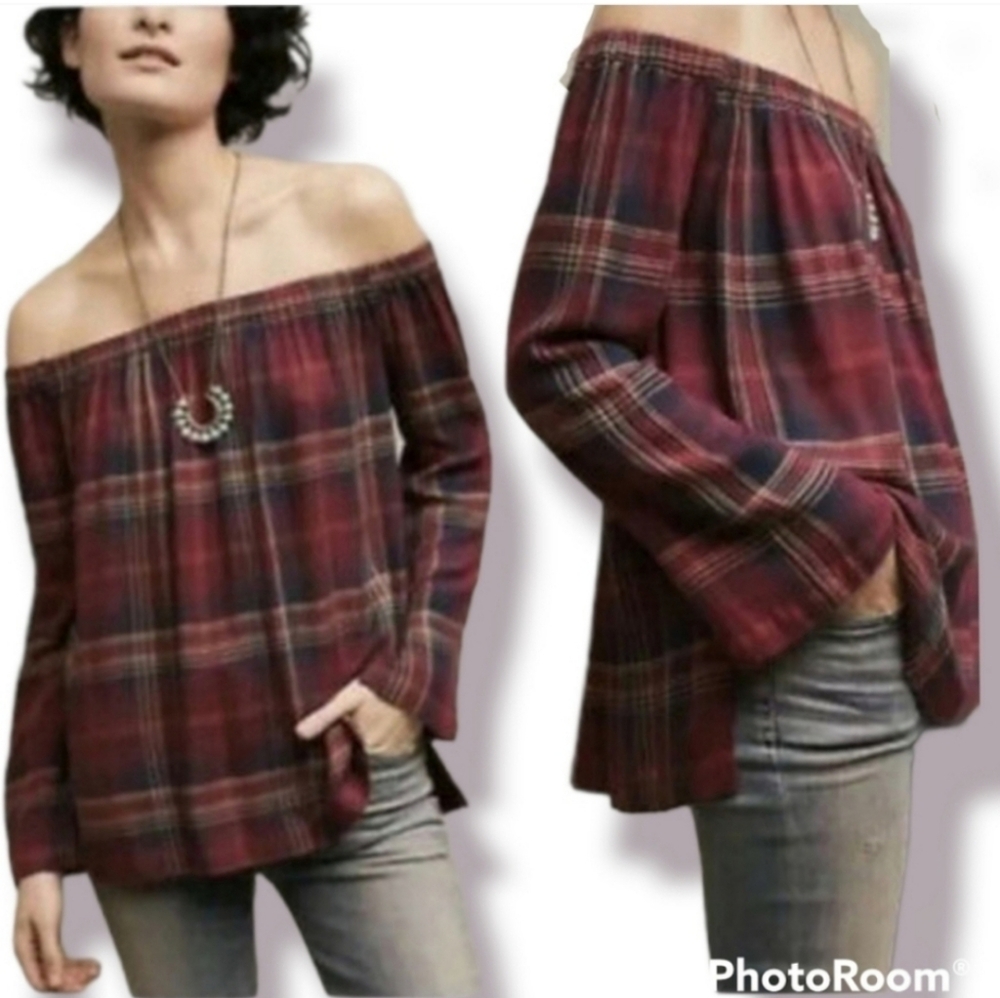 Anthro Cloth & Stone Plaid Long Sleeve Cold Shoulder Top